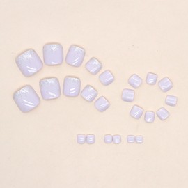 24 Pcs Square Press on Toenails Short Fake Toenails Gloss False Toenails with Glitter Design Light Purple Acrylic Toenails Full Cover Glue on Toenails Summer Artificial Toenails for Women Girls