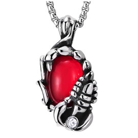 COOLSTEELANDBEYOND Men's Stainless Steel Scorpion King Pendant Necklace with Red Bead and 75 cm Wheat Chain, Resin, Cubic Zirconia