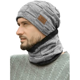 Mens Winter Beanie Hat Scarf Set Warm Fleece Lined Snow Knit Ski Cap