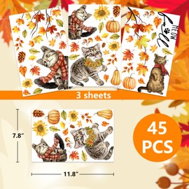 JUESMOS Fall Thanksgiving Window Cling Sticker 45PCS Pumpkin Maple Leaves Cats Window Decals Stickers for Autumn Window Glass Home Decor Double-Sided Cats Animals Window Stickers