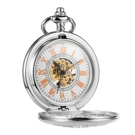 TREEWETO Men's Deer Reindeer Silver Full Hunter Case Pocket Watch