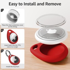 MOLOPPO 1 Pack Airtag Holder Air Tag Case, Waterproof TPU Shell Protective Case with All Metal Keychain Stainless Steel Key Ring Clip, Airtag Accessories for GPS Item Finder Tracker, Red
