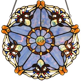 BIEYE W10074 Baroque Tiffany Style Stained Glass Window Hanging Panel 12 inches Wide Round with Five-Pointed Star Design (Blue)
