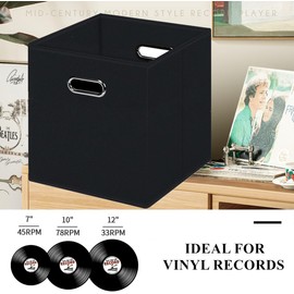 yesogreat yesogreat Vinyl Record Storage Box with Lid - Holds 100+ LPs, 12.99 Inch Stackable & Collapsible Fabric Organizer Crate Cube for Album Collection, Decorative Storage Bin for Living Shelf, Black