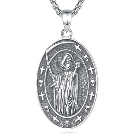 INFUSEU Santa Muerte Necklace for Women Men Sterling Silver 925 Pendant Cadena De La Santa Muerte Grim Reaper Skull Skeleton Jewelry Gift Patron Saint of Death Day of Dead