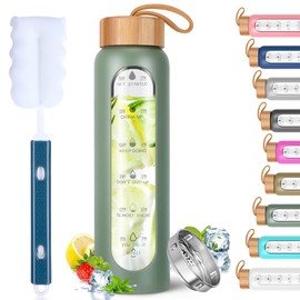 Aqulea Glass Water Bottles 25 Oz with Silicone Sleeve - BPA Free Reusable Wide Mouth Glass Motivational Water Bottles with Fruit Infuser – Leak Proof Borosilicate Water Bottle with Time Marker (Green)