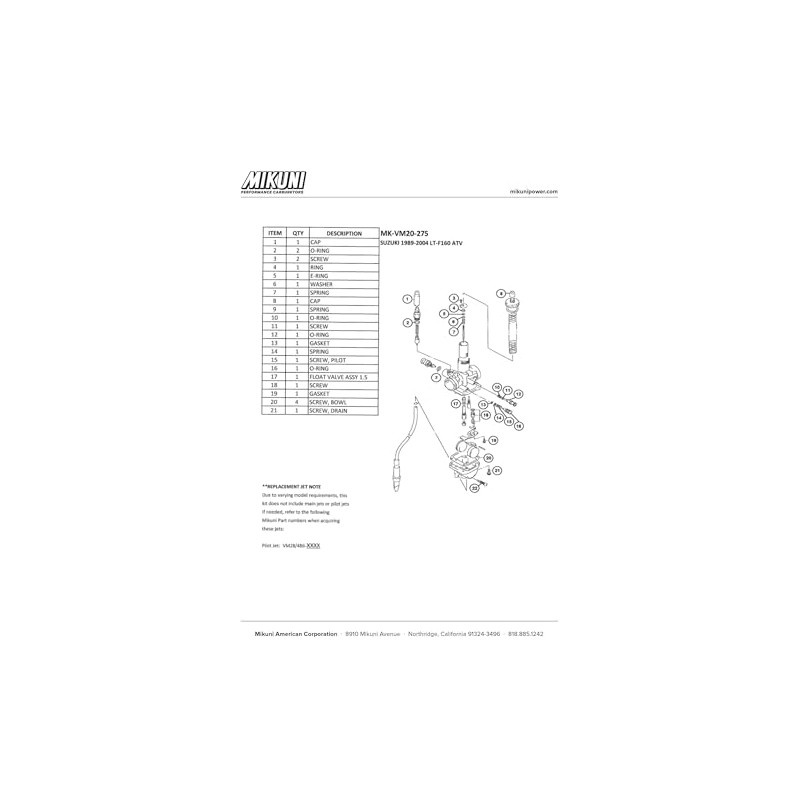 Mikuni Carburetor Rebuild Kit for Suzuki LT-F160 ATVs