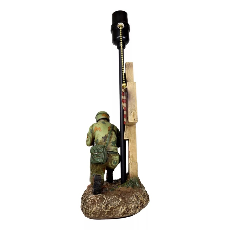 Patriotic Soldier With Rifle Kneeling By American Flag Cross Memorial