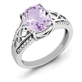 Sterling Silver Rhodium Diam. & Pink Quartz Ring