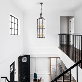 XINGQI Foyer Chandeliers for High Ceiling, Modern Dinning Room 8 Light Lantern Tiered Chandelier Black and Gold Cage Pendant Lighting Fixture for Staircase Entryway Living Room