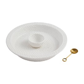Mud Pie server 2 1/4" x 13" dia | spoon 4 1/2" Woven Ceramic Chip And Dip, White