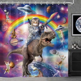 Funny Cat Shower Curtain, Cool Cat Riding Dinosaur Colorful Space Universe Shower Curtain Kids Set, Fantasy Galaxy Fun Anime Boys Shower Curtains for Bathroom with 12PCS Hooks 72X72IN