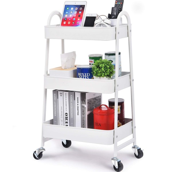 KINGRACK 3-Tier Rolling Cart, White, Sturdy Steel Frame, Easy Assembly,