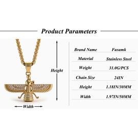 Fusamk Fashion Faravahar Necklace for Men Women Zoroastrian Winged Pendant Stainless Steel Gold Plated Persian Jewelry Iranian Symbol Necklace with Box Chain 60cm(Gold)