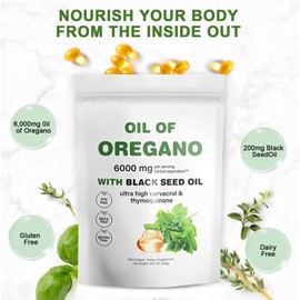 Oil of Oregano Softgels, 6000mg Oil of Oreganowith Black Seed, Turmeric & Ginger – 300 Softgels, Oregano Supplement Capsules, for Immune & Gut Support