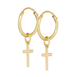 NKlaus Pair of 10 mm Gothic Hoop Earrings with Cross 585 Yellow Gold 14 Carat Cross Earrings 14314, Yellow Gold