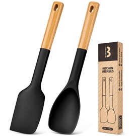 Silicone Spatula and Spoonula Set, Great For Stirring, Tough Mixing and Folding, Sturdy Bpa-Free Matte Silicone, Wooden Handle Rubber Scraper For Nonstick Cookwares (Black)