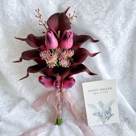 Floral Bouquet 10 Artificial Calla Lilies with 8 Artificial tulip flowers,Bridesmaid Bouquet with Wedding Ceremony Festivals Anniversary Bridal Rehearsal Party Bar Table Decor (dark red)