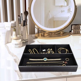 2 Pieces Faux Leather Valet Tray for Men, Stackable Jewelry Organizer Trays for Drawers, Nightstand Caddy Tray for Key, Wallet, Sunglass, Watch, Coin, Phone, Bedside Desk-top Storage Tray Black