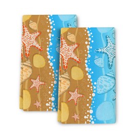 Beach Themed Kitchen Towels Decorative Set of 2, Ocean Seashells Dish Towels for Kitchen Drying Absorbent Drying Cloth Nautical Starfish Tea Towels Hand Towels for Kitchen Bar Bathroom Decor 16"x24"