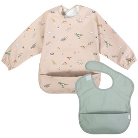 Ali+Oli Smock Bibs for Babies (2-pc) Long & Short Sleeve Set (Dino, Mint) BPA-Free Oeko-Tex Certified, Toddler Bib Ages 6m+
