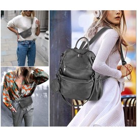 UTO Travel Backpack Womens Ladies Laptop Rucksack Bag with Detachable Waist Pack Coin Purse Vegan Leather Grey