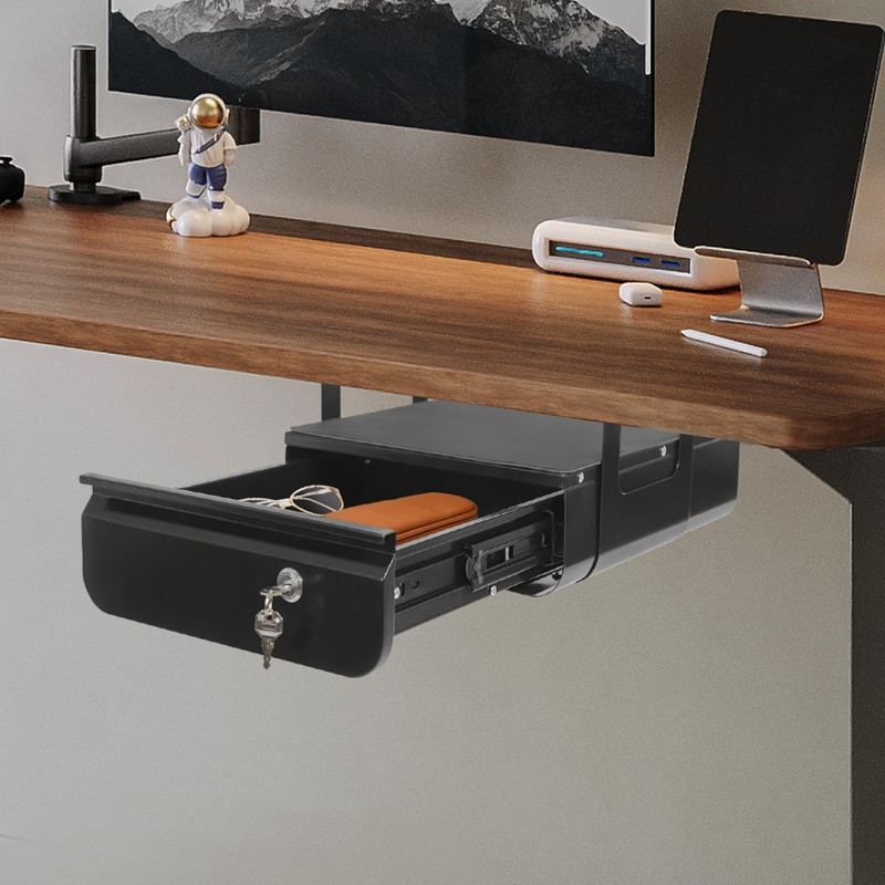 Lockable Under Desk Sliding Storage Drawer - Black, 13'