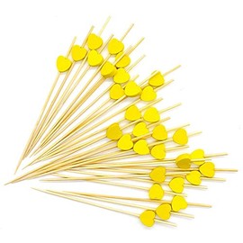 AKOAK 100 Counts Handmade 4.7" Yellow Heart Cocktail Sticks Sandwich Fruit Toothpicks Cocktail Picks Party Supplies