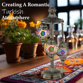 Marrakech Turkish Lamp 3 Globes Moroccan Table Lamp with Bronze Base, 23" Tall Handmade Colorful Tiffany Mosaic Glass Night Light Fixture Including LED Bulb for Living Room Bedroom Decor