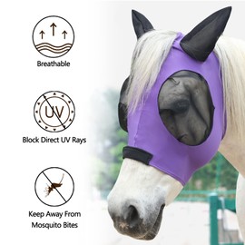 Gallopoff Stretchy Horse Fly Mask, No-Rub Comfort Fit, Skin-Safe Mesh Eyes & Ears Cover with UV Protection, Tangle-Free for Mane & Forelock, Enhanced Visibility Violet Pony