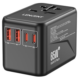 LENCENT Universal Travel Adapter, GaN3 65W International Adapter with 2 QC4.0 USB-A+2 PD3.0 Type-C PPS Fast Charging, Worldwide Travel Plug Adapter for USA/UK/EU/AUS Sockets, Black