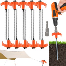 10 Pcs 8'' Screw in Metal Tent Stakes Tent Pegs Heavy Duty, Camping Stakes for Inflatables with Hex Head Driver, Ground Stakes Tent Spikes for Camping Patio, Garden, Beach, Grassland, Outdoor(Orange)