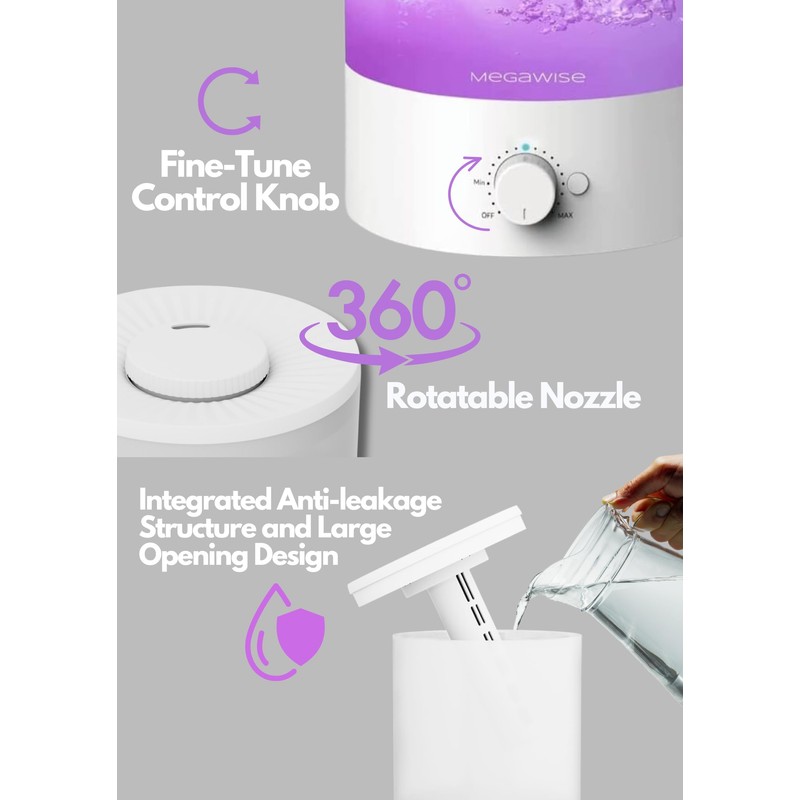MEGAWISE Sleek 1.5L Humdifier for Bedroom, Baby,Plant, 24dB Cool Mist
