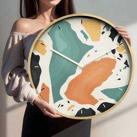 SIGNLEADER 24 Inches Round Wooden Wall Clock Silent Battery Operated, Home Decorative Large Wall Clock, Vibrant Teal Red Granite Clock Wall Art Decor for Living Room Kitchen Bedroom Office Classroom