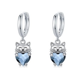 Cat Earrings in Silver 925 Stud Earrings with Birthstone, Girls’ Cat Stud Crystal Jewellery, Cats Gifts for Children, Women, Sterling Silver