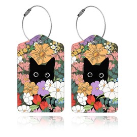 2 Pcs Luggage Tags for Suitcases, Luggage Labels for Suitcases Cute Cat with Colorful Flowers with Stainless Steel Loop Travel Tags for Bag Preventing Loss Protects Personal Info