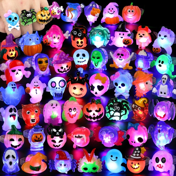 FLY2SKY Halloween Treats 50Pcs 3D Halloween Ring LED Light Up Rings Halloween Toys Halloween Party Favors for Kid Glow In The Dark Accessory Non Candy Gift Bag Fillers 2023 NEW VERSION