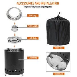 COOZOOM Portable Table Top Fire Pit with Stand, 5.5" Stainless Steel Mini Outdoor Low Smoke Burning Tabletop Firepit Fueled by Pellets or Wood, for Outside Camping Black