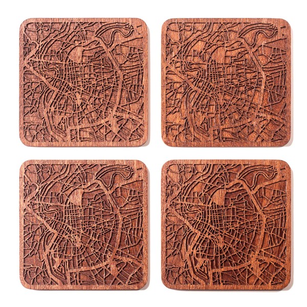 Lyon Map Coaster, Set of 4, Sapele Wooden Coaster with