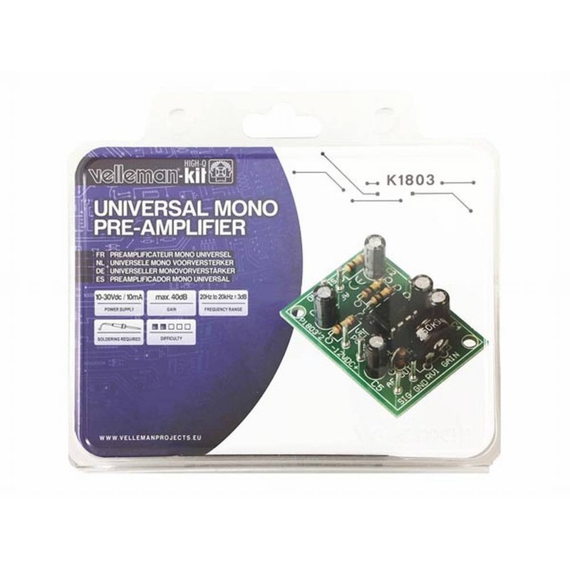 Velleman K1803 Universal Mono Pre-Amplifier Kit, Multi-Colour