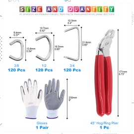 Glarks 362Pcs Hog Ring Pliers Kit with 360Pcs Steel Rings (1/2'' 3/4'' 3/8'') and Anti-Cutting Gloves for Upholstery, Fencing, DIY Craft, Furniture and More