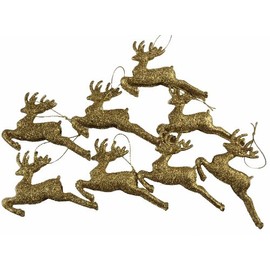 DP Set Of 8 Gold Glitter Reindeer Christmas Tree Hanging Ornament Decorations