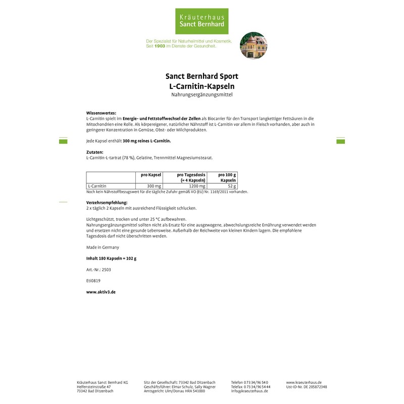 Sanct Bernhard Sport L-Carnitine Capsules 300 mg 180 Capsules