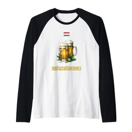 Egészségedre! Cheers in Hungarian with Beer Mugs and Flag Raglan Baseball Tee