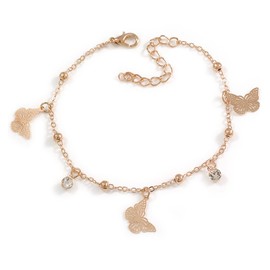 Avalaya Ankle Chain/Anklet/Beach Anklet Foot Jewellery Gold Tone Chain with Butterfly and Crystal Bead Charms for Women Girl - 19cm L/ 7cm Ext