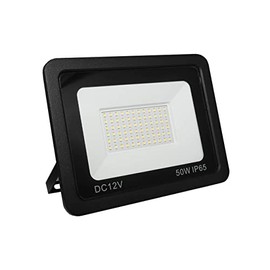 LOWENERGIE 12V DC LED Floodlight, IP65 Outdoor Security Light with PIR Motion Sensor, 10W-50W Garden Solar Flood Lamp, Black (6000K - Day White, 50w Non PIR)