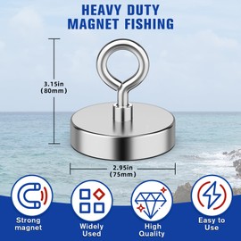 FINDMAG Super Strong Neodymium Fishing Magnets 700 Pound Pull Rare Earth Magnet with Recessed Hole and Eye Bolt for River Catching and Magnetic Fishing Diameter 2.95"