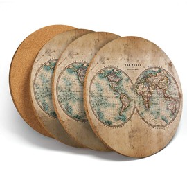 4 Set - World Hemispheres Map Coasters Kitchen Drinks Coaster #14392