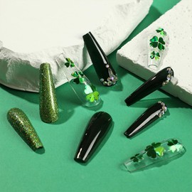 St. Patrick's Day Press on Nails Coffin Long Fake Nails With Green Glitter Shamrock Sequins Rhinestones Designs Dark Green Full Cover Stick on Nails Acrylic Artificial Nails for Women Girls 24Pcs