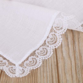 GUMEI 25 x 25 cm Women's Plain White Square Handkerchiefs Crochet Peach Heart Scalloped Lace Trim Bridal Wedding DIY Cotton Napkin Handkerchiefs